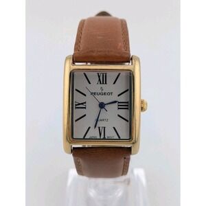 Peugeot 26mm Gold Tone Tank Watch - Leather Band - New Battery